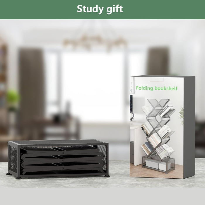 9-Tier Space Saving Book Shelf with Storage,Bedroom Shelves Folding Bookshelves,No Installation Required Shelf Tree Metal Bookshelf for Living Room,Study,Home Office,Bed Room (Black)