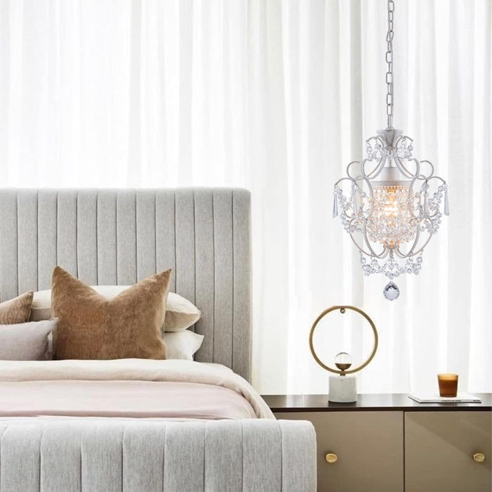 Modern Mini Chandelier,White Retro Crystal Light Fixtures Ceiling Mount 1 Light Small Crystal Chandeliers for Bedroom Elegant Hanging Lighting for Girls Room Dining Room Closet Kitchen Island