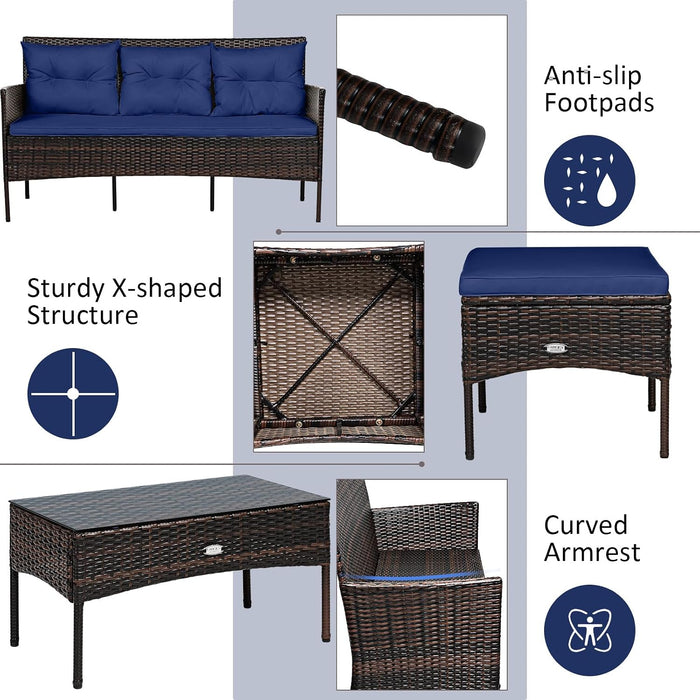 3 Pieces Patio Conversation Set, All Weather Outdoor PE Rattan Wicker Furniture Set with Padded Cushions, Tempered Glass Coffee Table, for Poolside, Backyard, Garden (Navy)