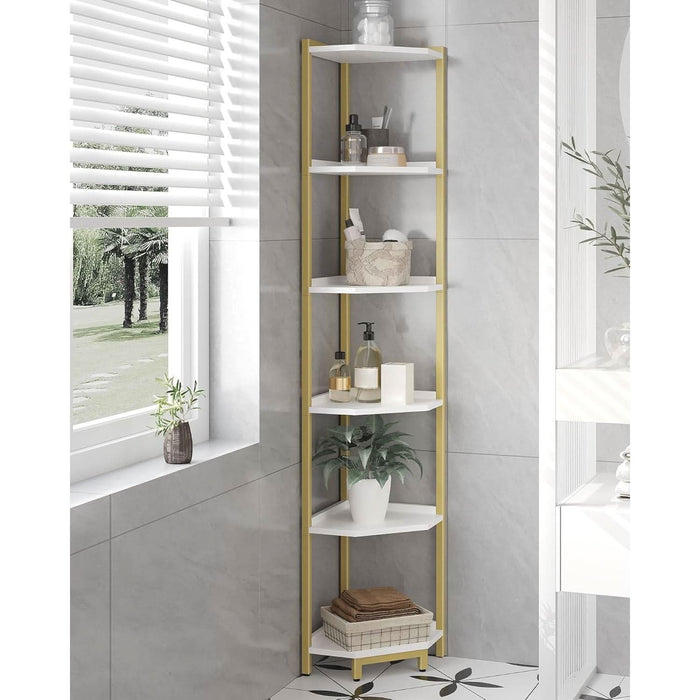 Corner Shelf Stand, Corner Bookshelf, Storage Standing Shelf Unit with Metal Frame, Plant Stand, Corner Bookcase for Living Room, Home Office, Bedroom, 6-Tier White Gold CS06003A
