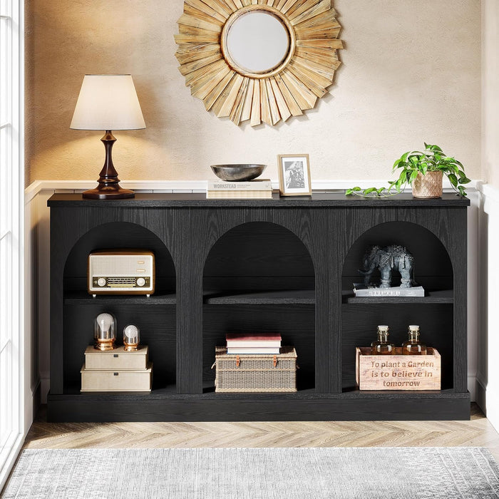 Farmhouse Console Table, 63-Inch Long Entryway Table with 3 Tier Storage, Wooden Rectangular Sofa Table behind the Couch for Entrance, Hallway, Living Room, Black