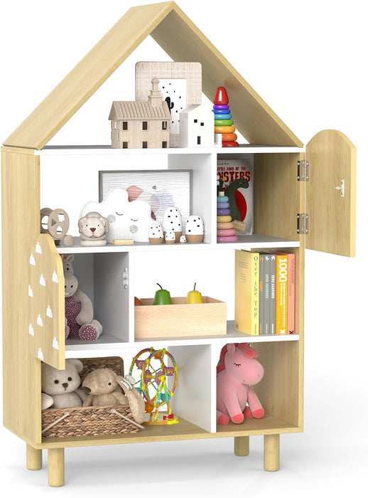 Natural Wood House Shaped Kids Dollhouse Bookshelf