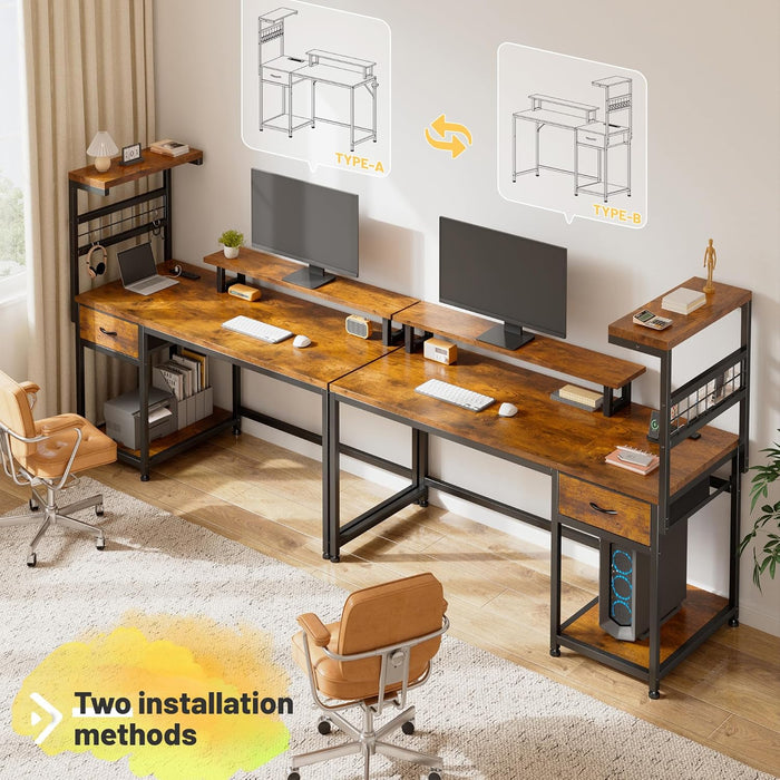48" Computer Desk with Power Outlets & LED Lights, Gaming Desk with Drawer & Storage Shelves, Reversible Home Office Desk with Monitor Stand, for Living, Study Room, Gaming Room, Rustic Brown