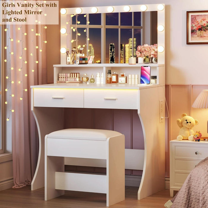 Small Vanity Desk with Mirror and Lights, White Makeup Vanity with Chair, RGB Vanity Table Set with 2 Drawers & Power Outlets & LED Strip, 3 Color Modes & Adjustable Brightness for Women Girls Bedroom