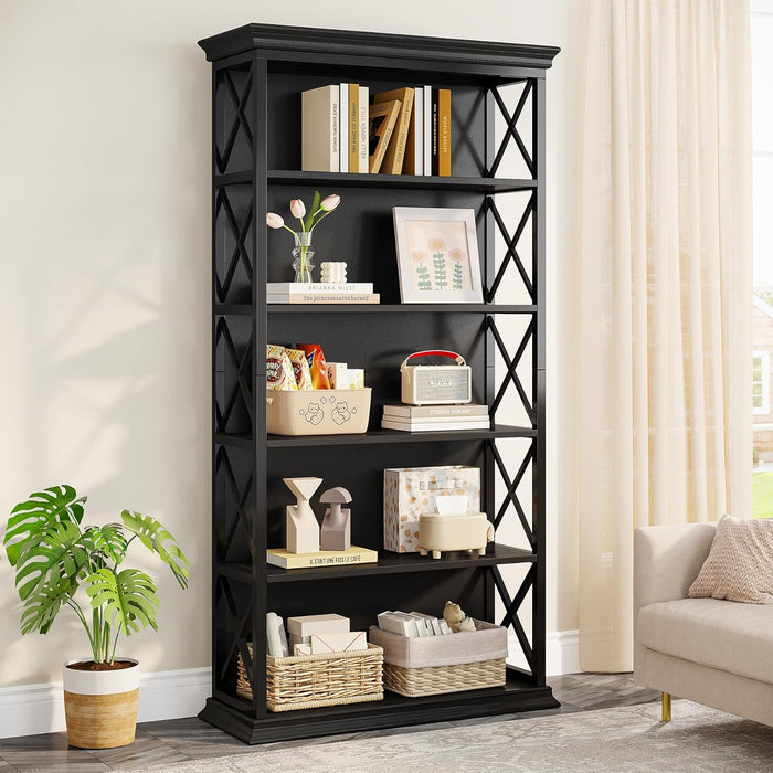 6-Tier Bookcase, 71 Inches Industrial Bookshelves and Bookcases, Floor Standing 5 Shelf Display Storage Shelves Tall Bookcase for Home Office, Living Room, Bed Room, All Black