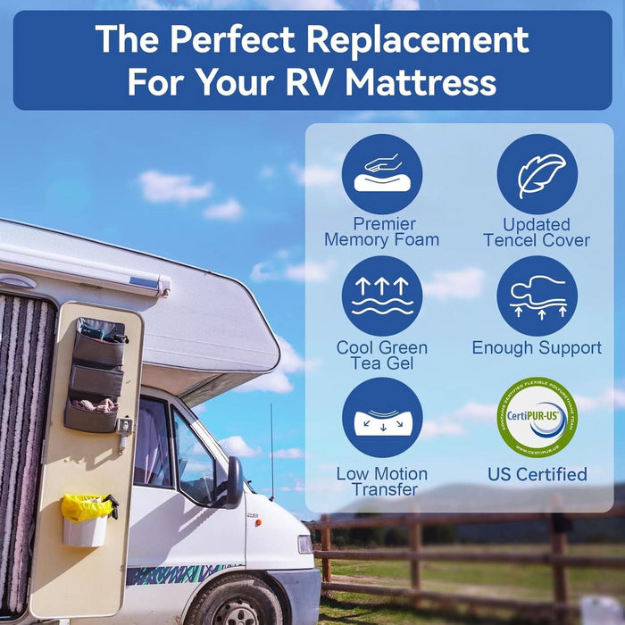 Short Queen 10 Inch RV Mattress with Tencel Cover, Premier Cooling Green Tea/Gel Memory Foam Mattresses for Camper/Truck/Trailer, Firm-Mattress Support for Back Pain, Certipur-Us, 75'' X 60''