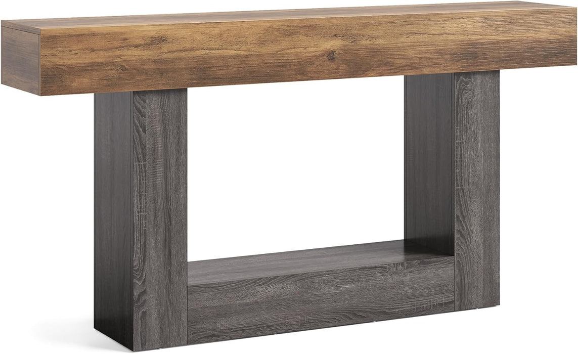 63 Inches Long Console Table, 2-Tier Farmhouse Sofa Table behind Couch, Large Narrow Entryway Table for Living Room, Wooden Hallway Foyer Table with Heavy Duty Base, Rustic Brown and Grey