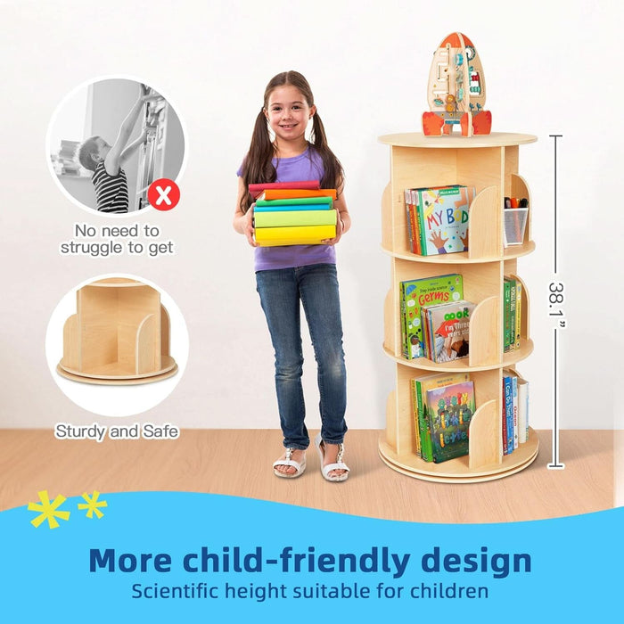Kids Rotating Bookshelf, Small Corner Bookshelf for Small Space, 360° Display 3 Tier Floor Standing Bookcase Storage Rack, Wooden Narrow Bookcase Organizer for Bedroom, Living Room