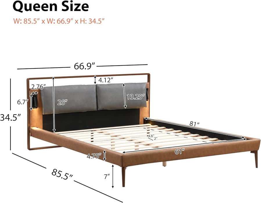 Upholstered Headboard Brown Bed Frame with Gray Leather Headboard Solid Wood Bed Frame with Integrated Night Lights, Wooden Slats, No Box Spring Needed Platform Bed, Queen