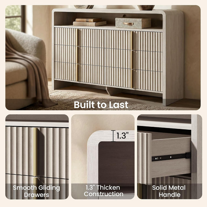 53.2" Fluted 6 Drawer Dresser with Open Shelf, Grey
