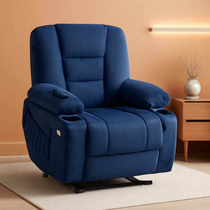 Power Lift Recliner Chair with Massage and Heat for Elderly People, Cup Holders, USB Ports, Side Pockets, Fabric 7529 (Medium, Navy Blue)