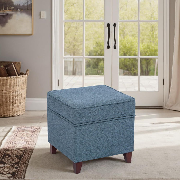 17" Square Ottoman with Storage, Small Blue Storage Ottoman Foot Rest with Hinged Lid & Solid Wood Legs, Linen Fabric Foot Stool for Living Room & Bedroom, Seasonal Home Refresh & Gifting