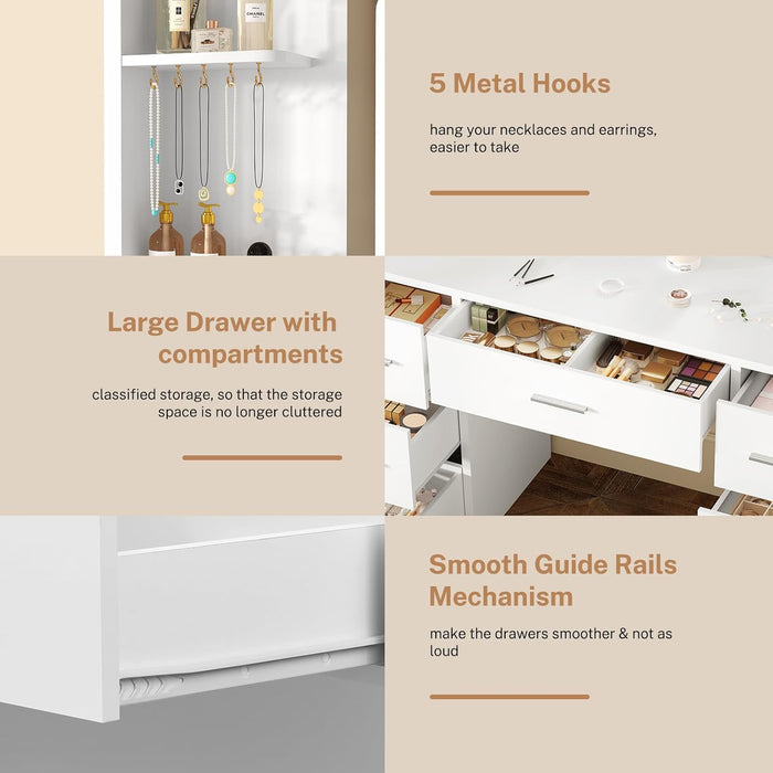 White Vanity Desk With Illuminated Mirror PowerOutlet