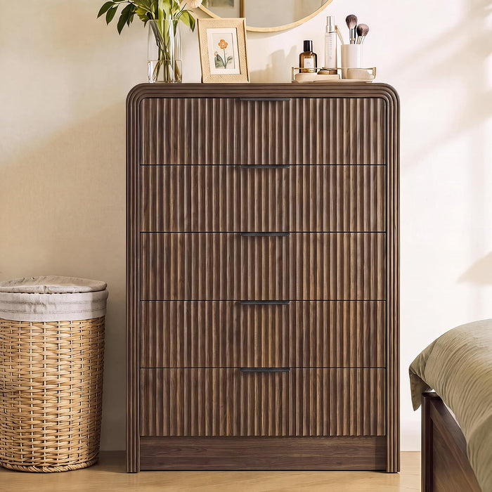 Fluted Wood Dresser 5 Drawers 48" Tall Curved Modern Chest Organizer