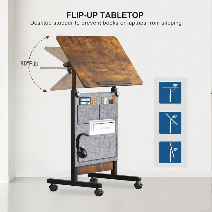 Height Adjustable Standing Desk with Storage Bag Widths16 in Length 24 In, Portable Rolling Mobile Stand up Table with Wheels, 360 Degree Flip Laptop Computer Desk for Home Office, Rustic Brown