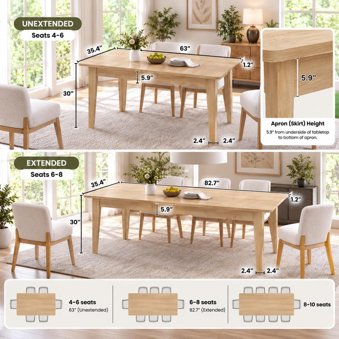 63"-83" Extendable Dining Table for 6-8 People, Natural Oak