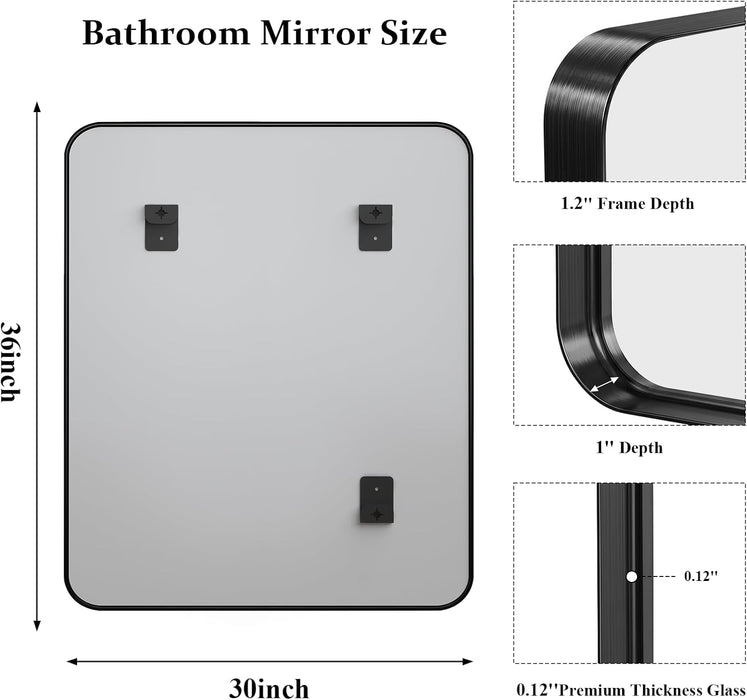 30X36 Inch Black Bathroom Mirror Metal Framed, HD Tempered Glass