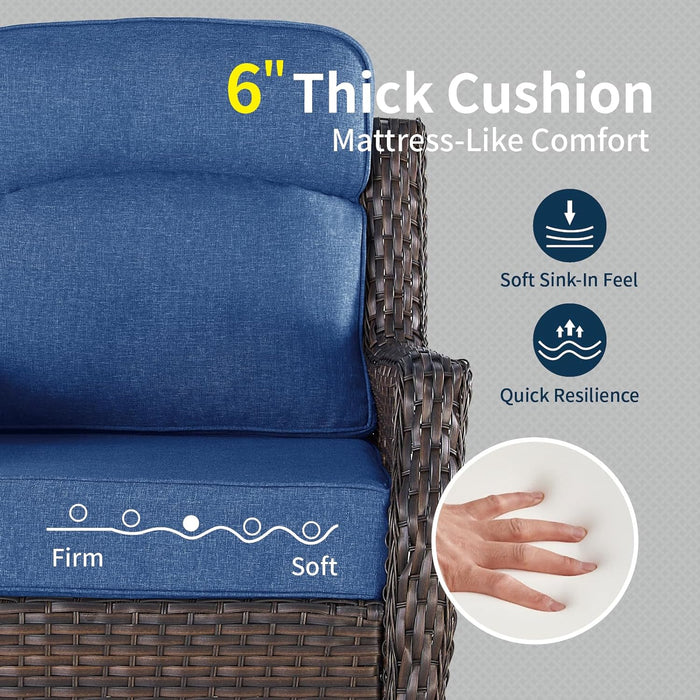 Patio Swivel Rocker Outdoor Chairs of 2 with Side Table, High Back and 6-Inch Thick Cushions, Wicker Swivel Glider Chairs for Porch, Deck, Poolside, Brown/Blue