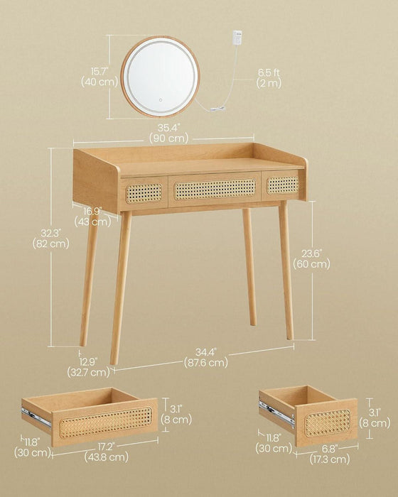 Vanity Desk with Mirror and Lights, Boho Makeup Vanity Table with 3 Rattan-Look Drawers, Dimmable Touch Control Light with 3 Color Temperatures, for Bedroom, Oak Beige