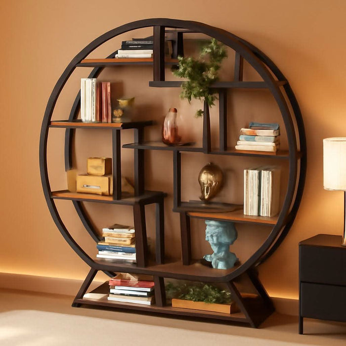 Bookshelf, round Bookshelves Etagere Bookcase, 63 Inch Industrial Wood Book Shelf with Staggered Shelves, Rustic Open Shelving Organizer Rack Display Shelf for Home Office, Living Room