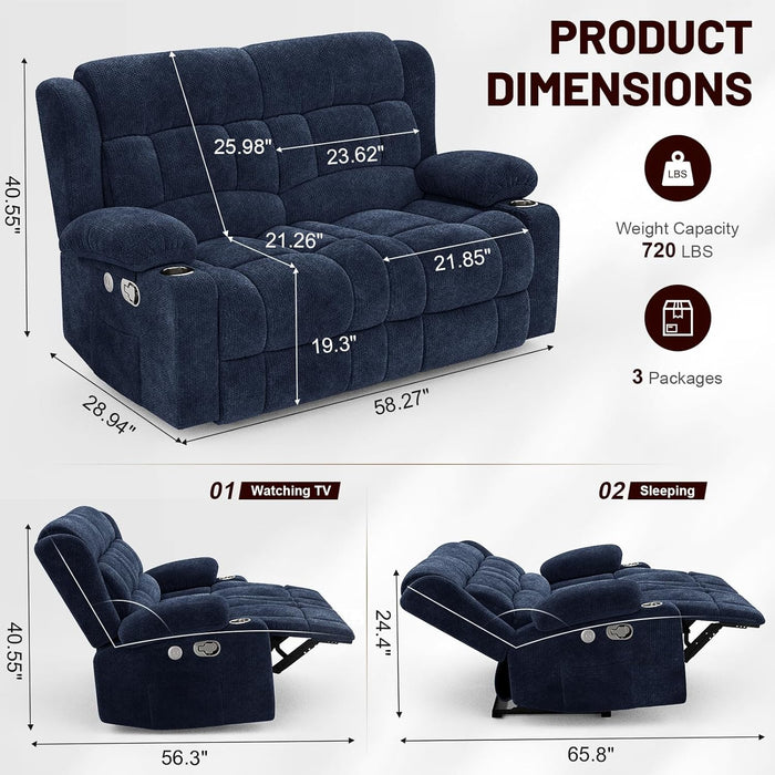 Loveseat Recliner Sofa, 2 Seater Minimalist Style Fabric Manual Pull Tab Reclining Loveseat with USB Charge Ports, Cup Holders, Recliner Love Seat Couches for Living Room, RV, Blue