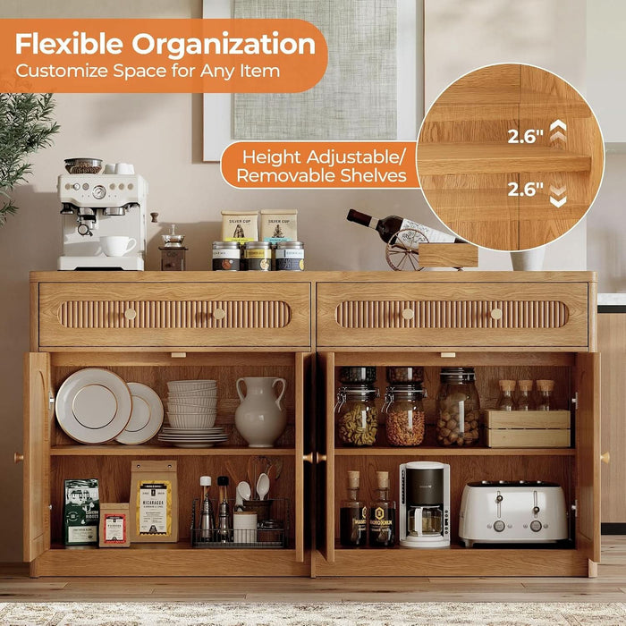 59" W Arched and Fluted Sideboard Buffet Cabinet with Storage, Oak