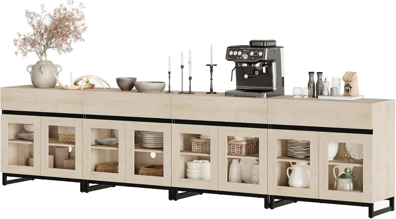 4 in 1 Sideboard Buffet Cabinets with 8 Glass Doors, Modern Sideboard Credenza, Coffee Bar Storage Cabinet for Living Room, Kitchen, Light Oak