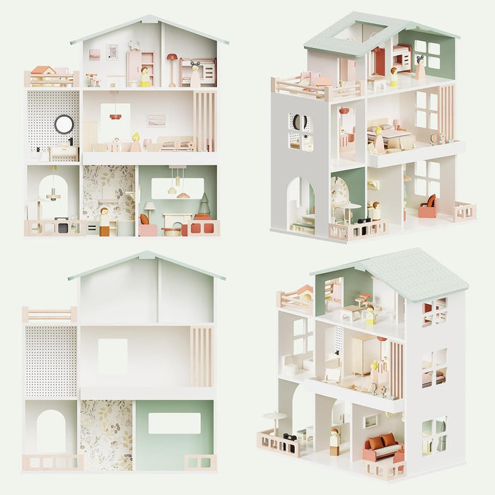 Wooden Dollhouse Playset With Eight Rooms Accessories