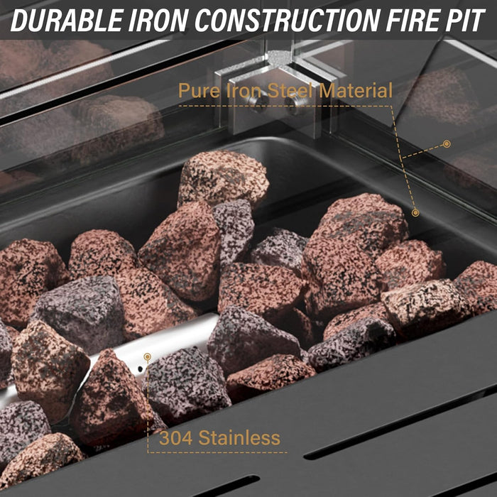 Expansive 10 Pieces Outdoor Patio Furniture Set with 43” Propane Fire Pit Table, Patio Conversation Set with Swivel Rocker Outdoor Chairs Set of 4 and Sofa, Ottoman and Wicker Side Table Brown