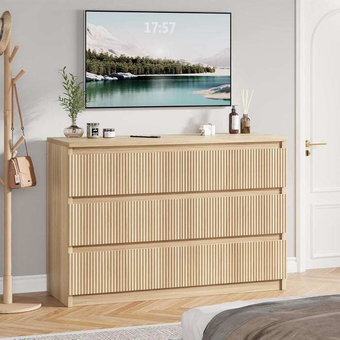 6 Drawer Fluted Dresser, Modern Chest of Drawers for Bedroom with Hidden Handles, Wood Storage Organizer Cabinet for Living Room & Entryway, Oak (15.7" D X 47.3" W X 31.6" H)