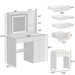 5-Drawers White Makeup Vanity Sets Dressing Table Sets with LED Dimmable Mirror, Stool and 3-Tier Storage Shelves