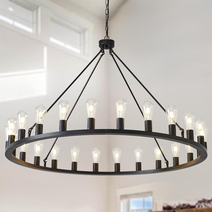 48-Inch Wagon Wheel Chandelier Black Outdoor Fixture