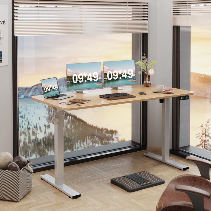 Electric Height Adjustable Standing Desk Large 55 X 24 Inches Sit Stand up Desk Home Office Computer Desk Memory Preset with T-Shaped Metal Bracket, Light Wood