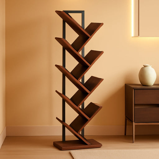 Tree Bookshelf, 9-Tier Bookcase Wooden Shelves, Floor Standing Storage Rack, for Display of Cds, Books in Living Room, Home Office, Wood Storage Rack for Bedroom, Rustic Brown BF08SJ01G1