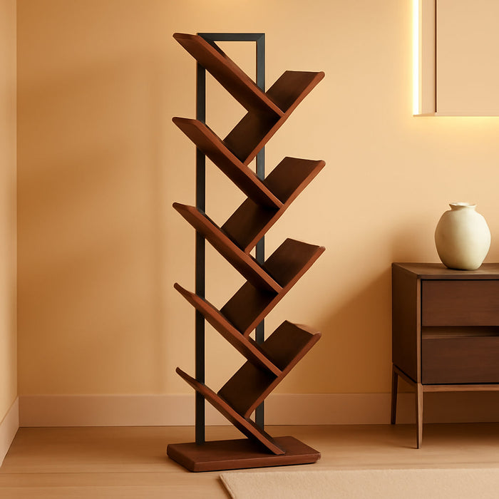 Tree Bookshelf, 9-Tier Bookcase Wooden Shelves, Floor Standing Storage Rack, for Display of Cds, Books in Living Room, Home Office, Wood Storage Rack for Bedroom, Rustic Brown BF08SJ01G1
