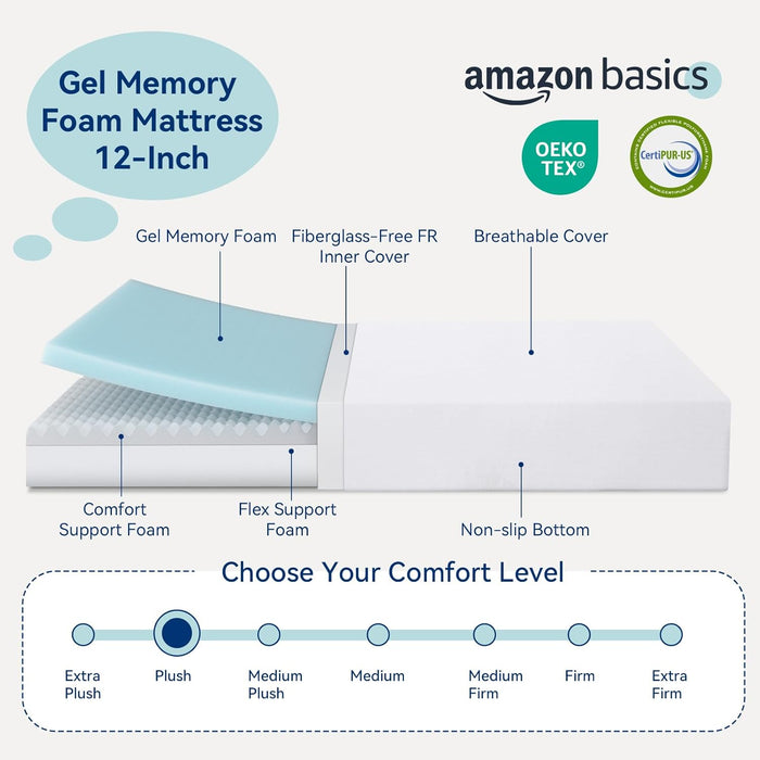 Memory Foam Mattress, Soft Plush Feel, 12 Inch, Queen, White/Grey