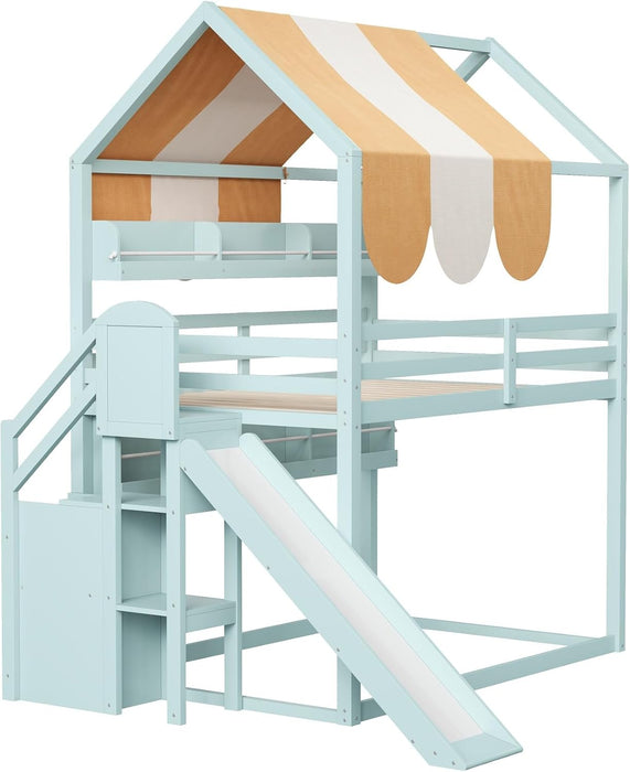 Full Size Bunk Bed With Slide EmeraldGreenFinishCoat