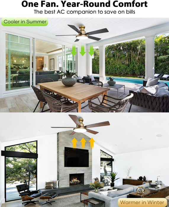 52 Inch Low Profile Gold Ceiling Fan with Lights, Modern Black and Gold Ceiling Fans with Remote/App for Indoor Bedroom, Flush Mount, 12.2'' Large 3CCT LED Light Panel, 6-Speed Quiet DC Motor