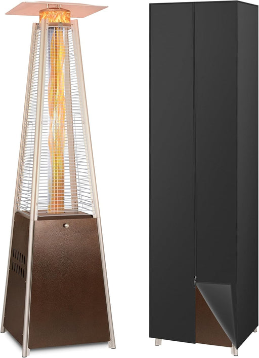 Pyramid Patio Heater, 48000 BTU Glass Tube Propane Patio Heater with Wheels and Cover, Outdoor Propane Heaters for Patio, Backyard, Garden, Porch, and Pool, Bronze