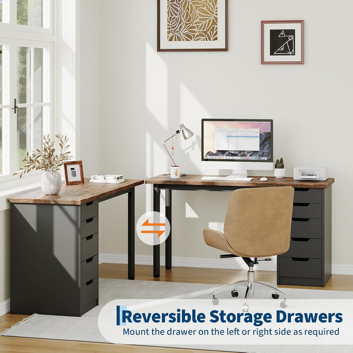 Computer Desk with 5 Drawers, 47 Inch Modern Simple Study Writing Desk with Storage, Rustic Home Office Desk, Reversible Computer Desk for Home Office, Brown+Black