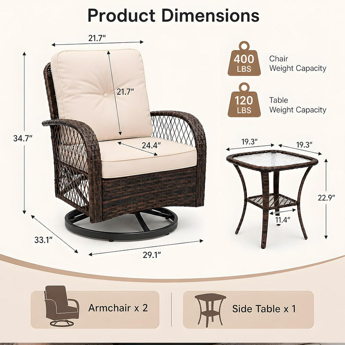 3 Piece Wicker Patio Furniture Set, Outdoor Swivel Chairs Set of 2