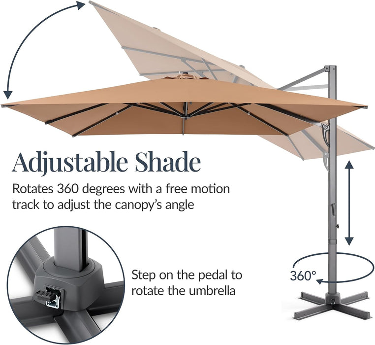 10X10Ft Cantilever Patio Umbrella, 5 Year Fade Resistant 260 GSM Canopy, Smooth Tilt Adjustment, and Aluminum Frame - Tan