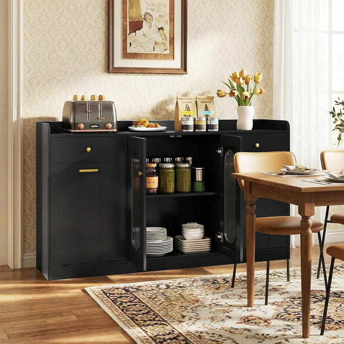 55" Farmhouse Buffet Cabinet, Large Credenza W/Hidden Tilt Out Trash Can, 2 Glass Doors, 2 Drawers & Adjustable Shelves, Modern Sideboard Coffee Bar Cabinet for Kitchen (Black)