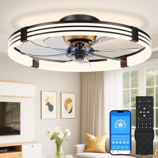 Low Profile Ceiling Fans with Lights and Remote, 24In Flush Mount Ceiling Fan with Light, 3000K-6500K Dimmable Fandelier LED Fan Light, Black Bladeless Ceiling Fans with Lights for Bedroom
