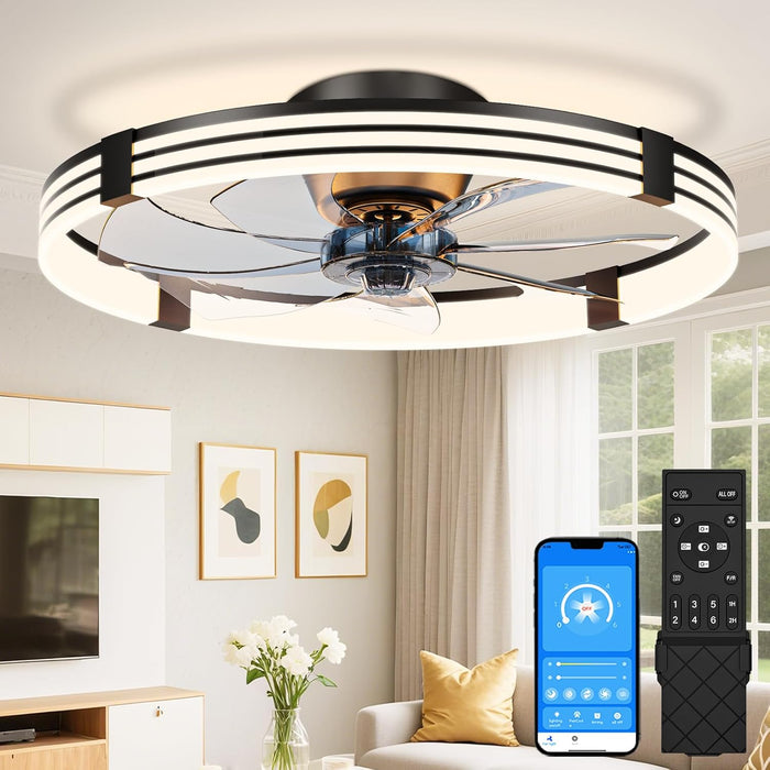 Low Profile Ceiling Fans with Lights and Remote, 24In Flush Mount Ceiling Fan with Light, 3000K-6500K Dimmable Fandelier LED Fan Light, Black Bladeless Ceiling Fans with Lights for Bedroom