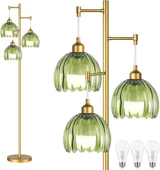 Gold Floor Lamps for Living Room Bedroom-3 Light Glass Floor Lamp with Three Led Bulb, Rustic Tall Floor Lamp Gold Standing Lamp Tree Floor Lamps for Living Room Bedroom,Office,Corner