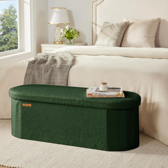 Ottoman with Storage, Sherpa Folding Storage Bench Foot Rest, Modern Upholstered Seat for Living Room, Entryway, Bedroom, Oval Green