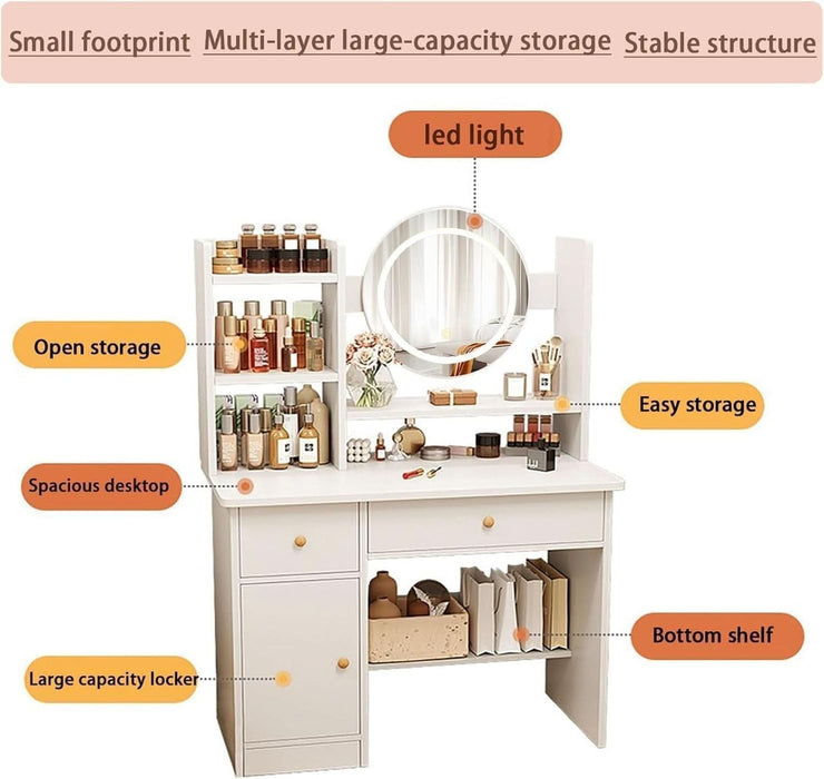 Dressing Table,Makeup Table with Drawers, Vanity Desk with Mirror and Led Lights,3 Lighting Mode,Makeup Vanity Desk,Multifunctional Makeup Writing Desk for Bedroom (80CM)