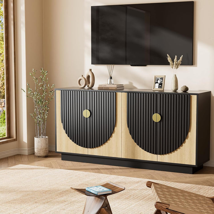 63 Inch Fluted Buffet Cabinet with Storage, Symmetrical Arc Accent Sideboard Large Console Table for Living Room,Dining Room or Kitchen(Camel/Black)