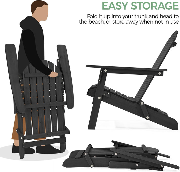 Folding Adirondack Chair Set of 2 Outdoor, 300LBS Solid Wood Garden Chair Weather Resistant, Fire Pit Lounge Chairs for Garden/Yard/Patio/Lawn, Black